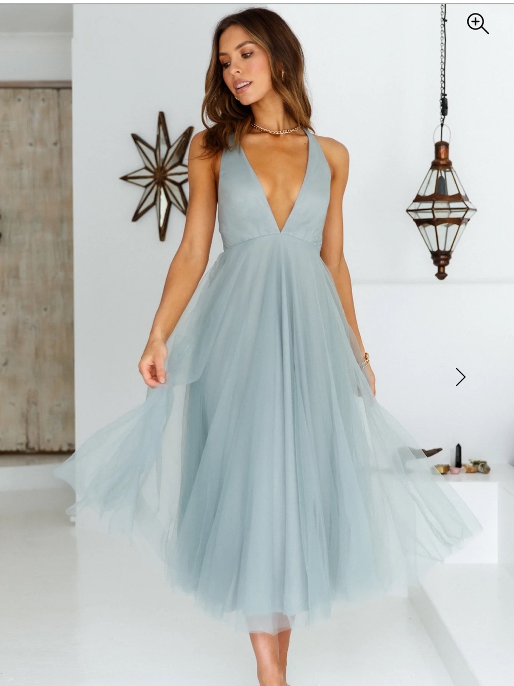 Hello Molly Dusty Blue Deep V Tulle Midi Dress